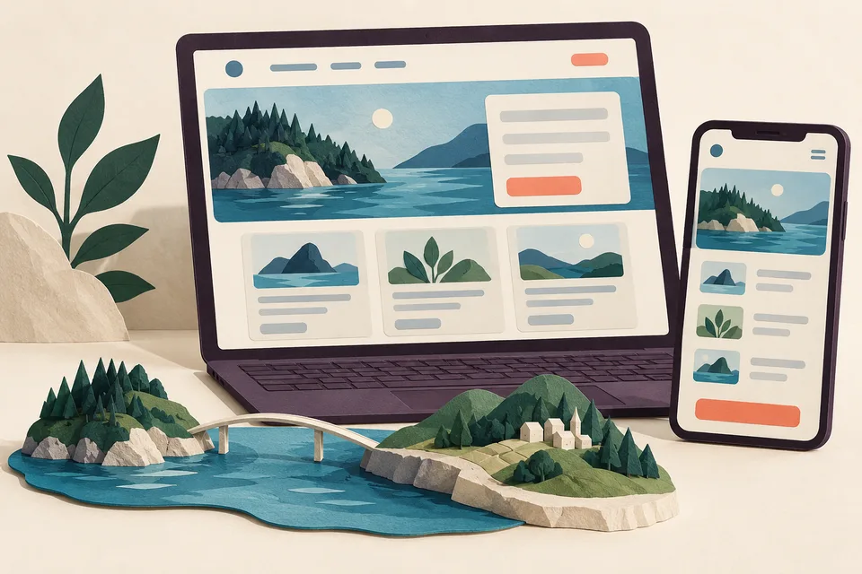 Concept illustration of a laptop and phone website beside a paper model of connected landforms