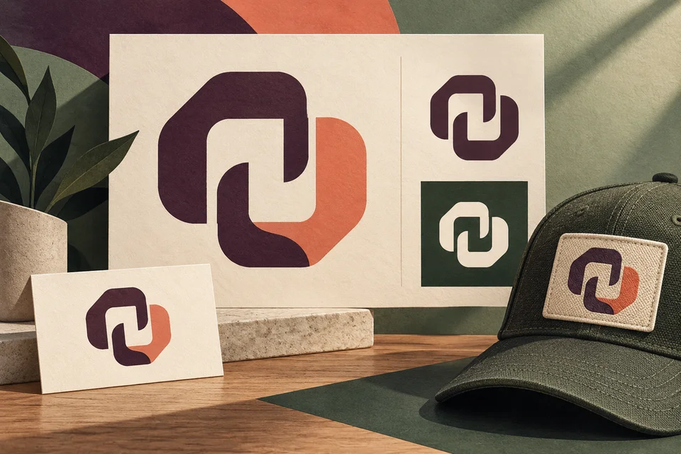 Concept interlocking bracket identity shown on a presentation board, card, and workwear patch