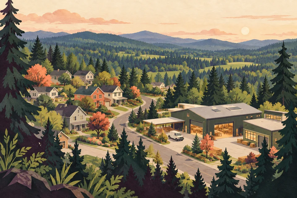 Concept illustration of homes and a small workshop among trees in an imagined inland landscape