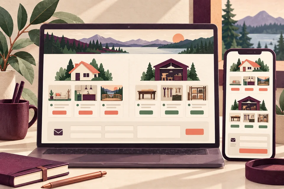 Concept website on a laptop and phone with separate household and workshop service cards