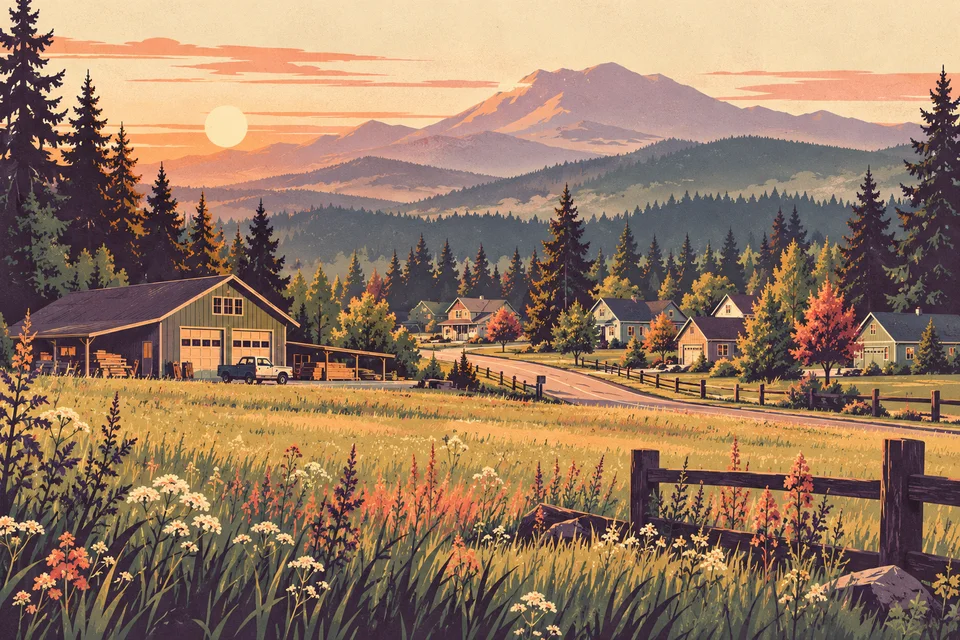 Concept illustration of a meadow, workshop, homes, and evergreen hills in an imagined rural community