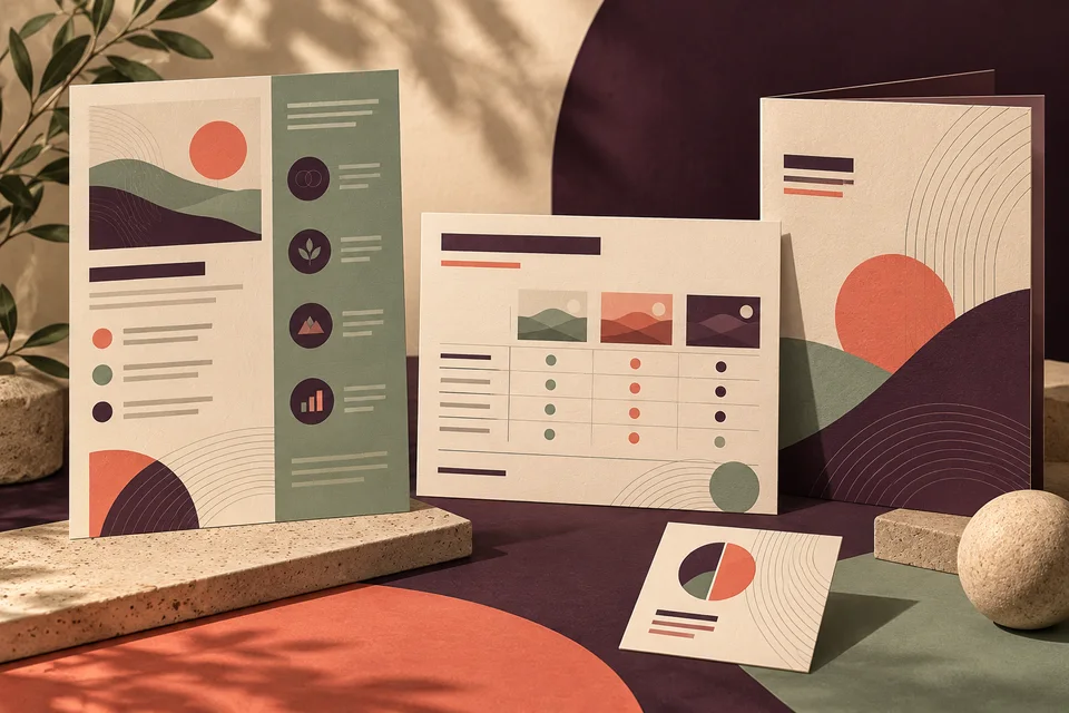 Concept illustration of a service sheet, comparison card, proposal cover, and follow-up card