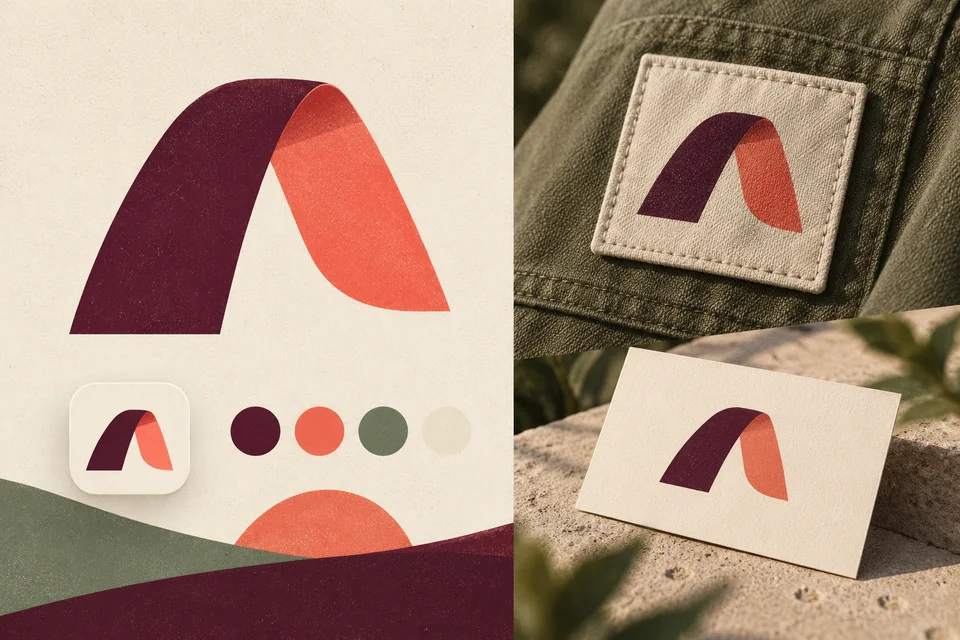 Concept illustration of a folded arch identity applied to a fabric patch, digital avatar, and business card