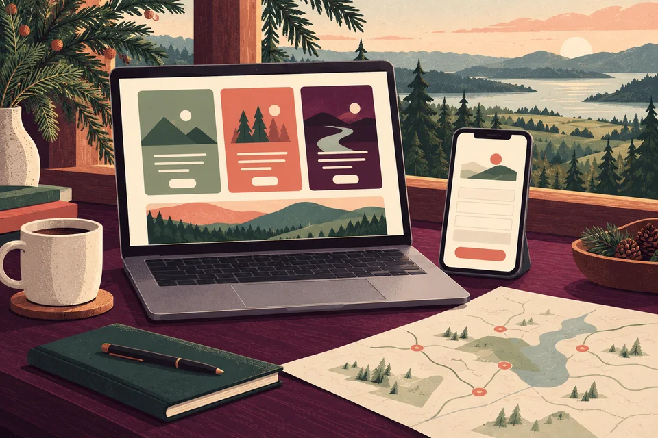 Concept illustration of service-choice cards on a laptop, a phone inquiry form, and an abstract service-area sketch