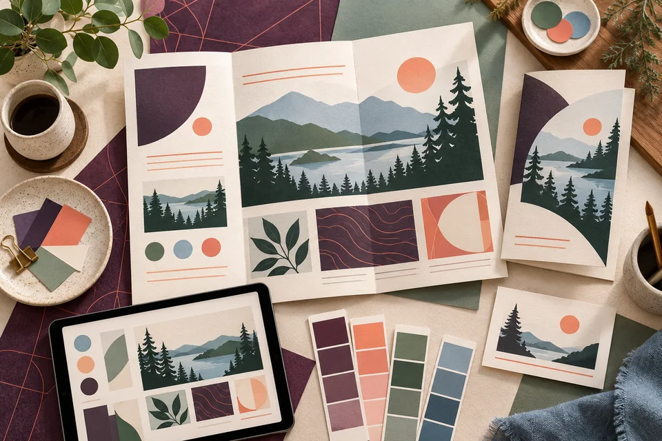 Conceptual coordinated service documents and digital layouts with forest imagery