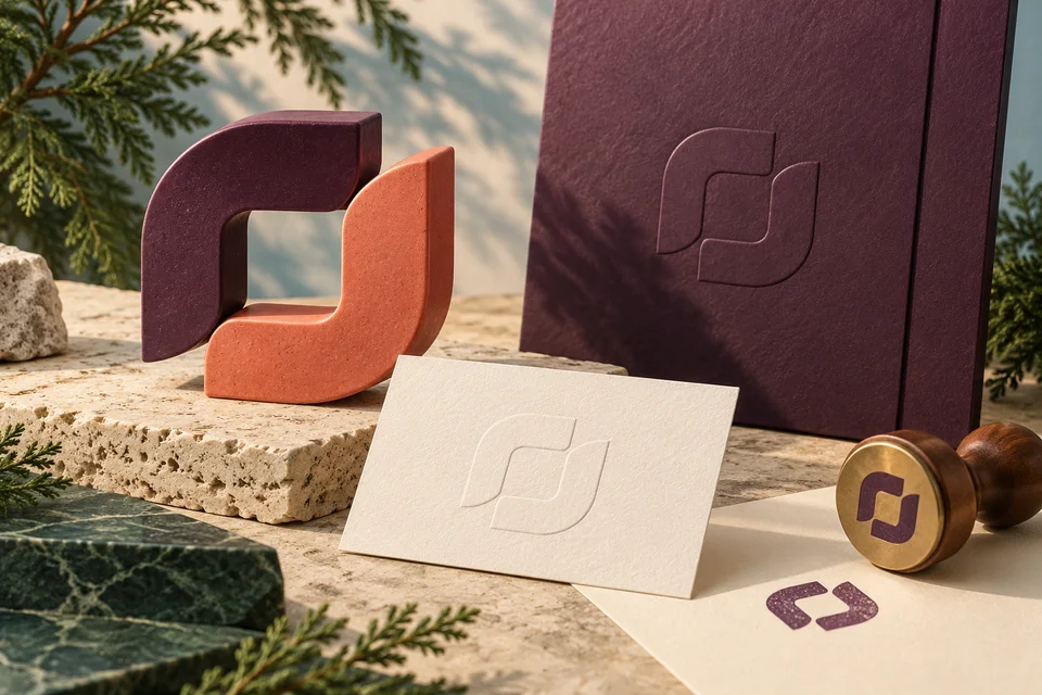 Conceptual plum and coral abstract identity with stationery and stamp samples