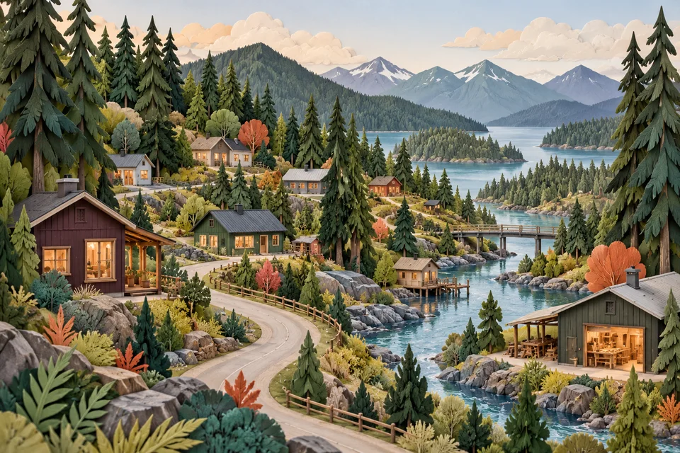 Imagined wooded community with workshops, homes, winding road, and waterway