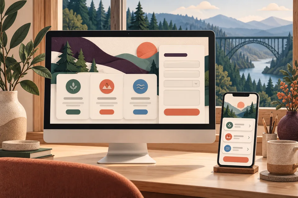 Conceptual desktop and mobile service website in a forest-inspired studio