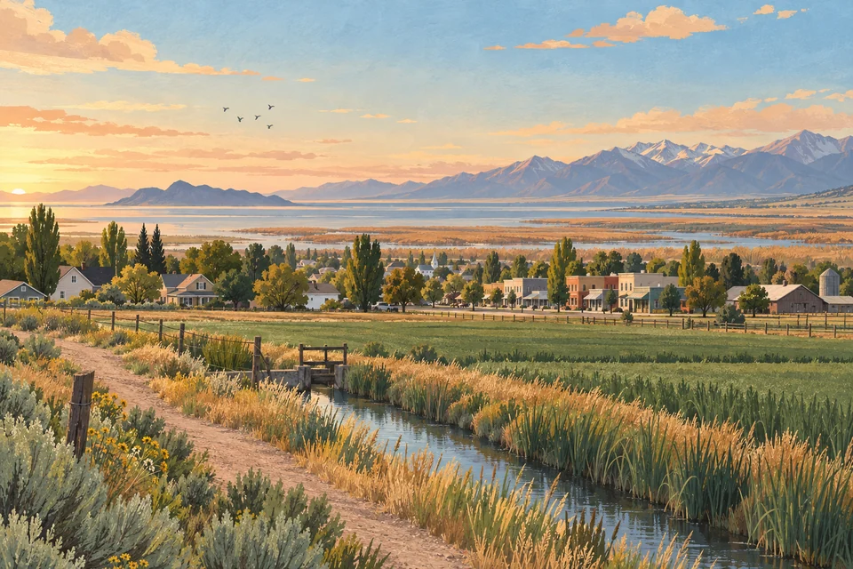 Conceptual Hooper fields, irrigation water, wetlands and distant mountains