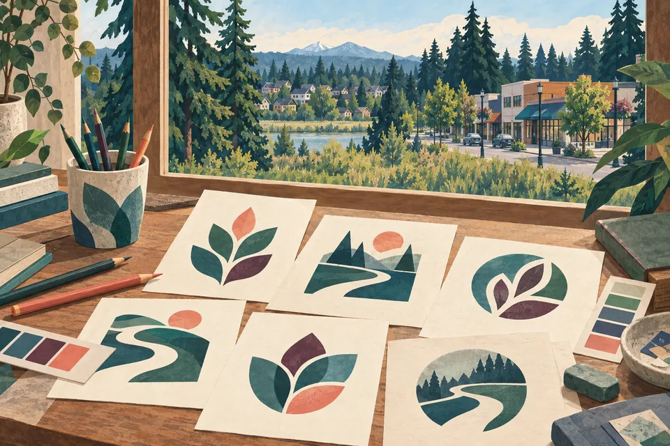 Conceptual identity sketches overlooking a Lakeland North neighborhood and woodland