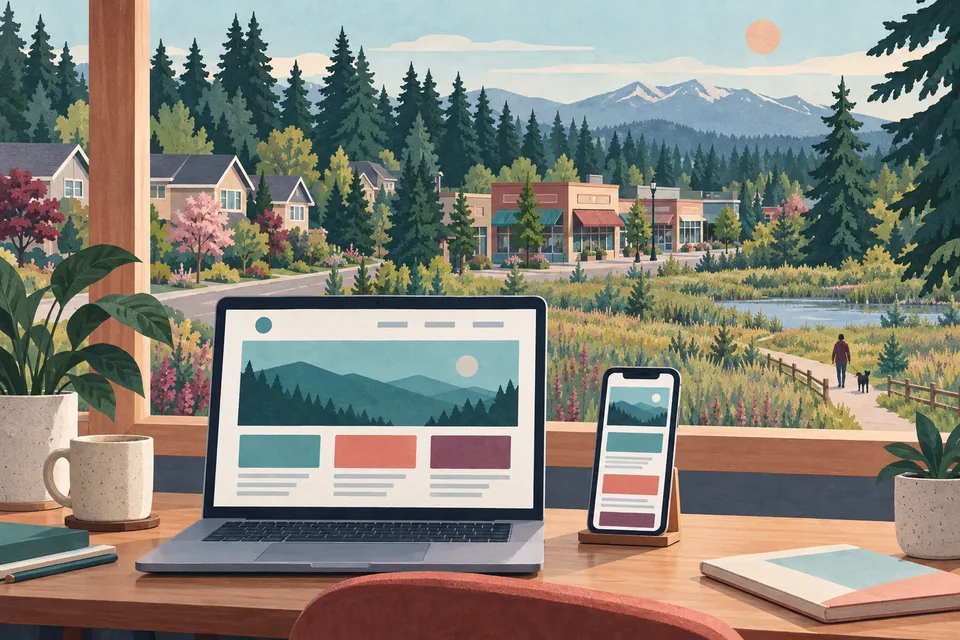 Conceptual web design desk overlooking a Lakeland North neighborhood and woodland