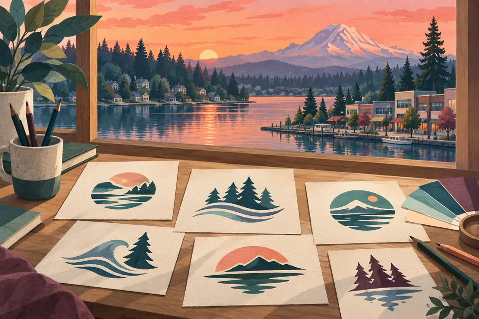 Conceptual identity sketches overlooking a Lakeland South neighborhood lake
