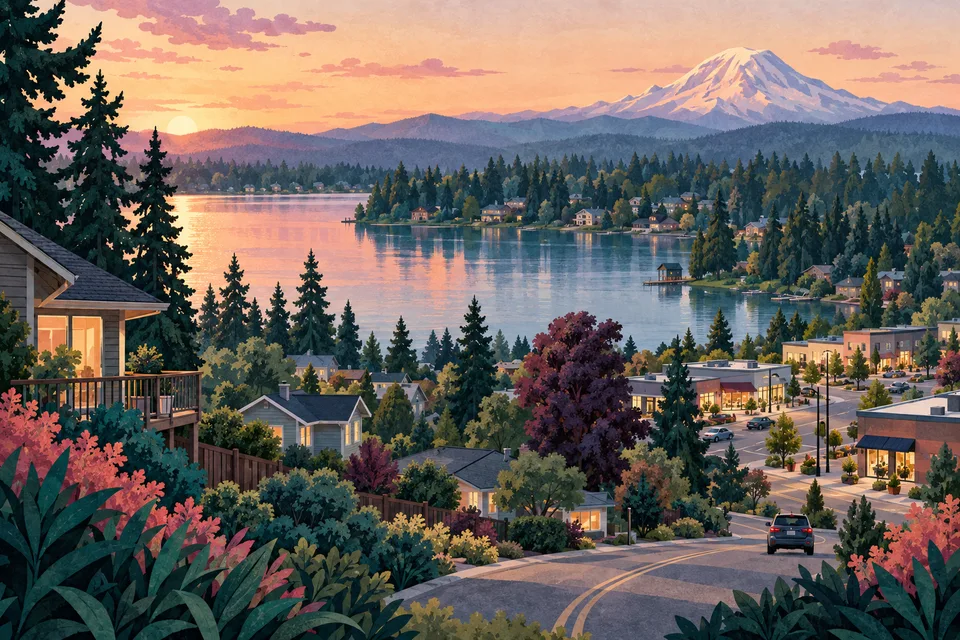 Conceptual Lakeland South neighborhood lake, homes and distant Mount Rainier