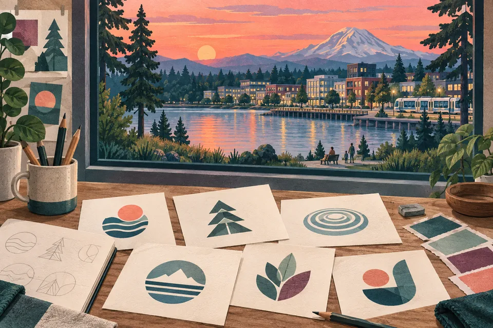 Conceptual identity sketches overlooking a Lakewood lake and downtown
