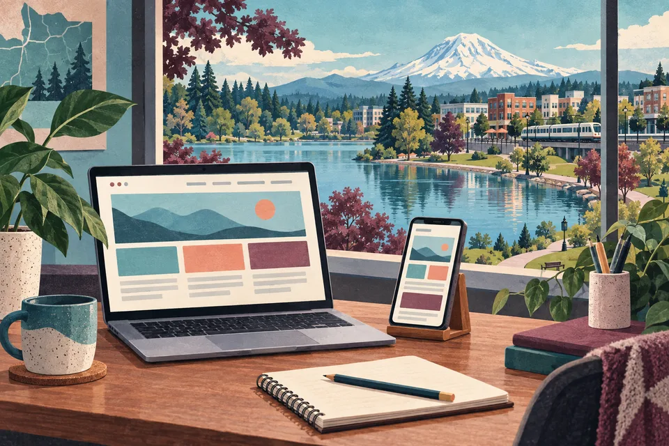 Conceptual web design desk overlooking a Lakewood lake and downtown