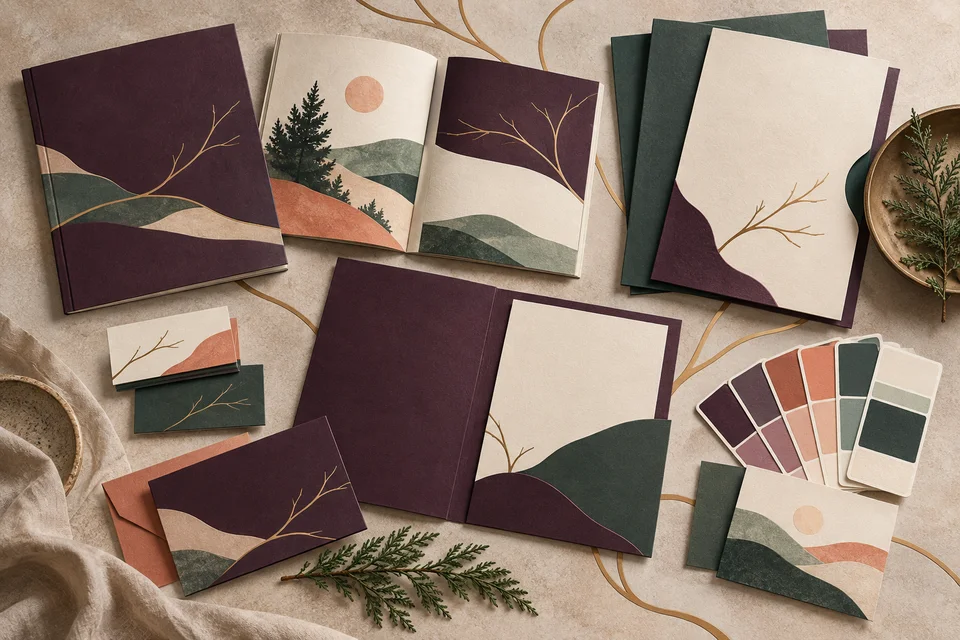 Concept illustration of capabilities sheets, folders and cards with branching path graphics