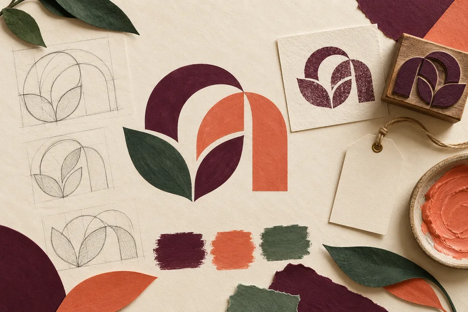 Concept illustration of interlocking arch and leaf identity studies on ivory paper