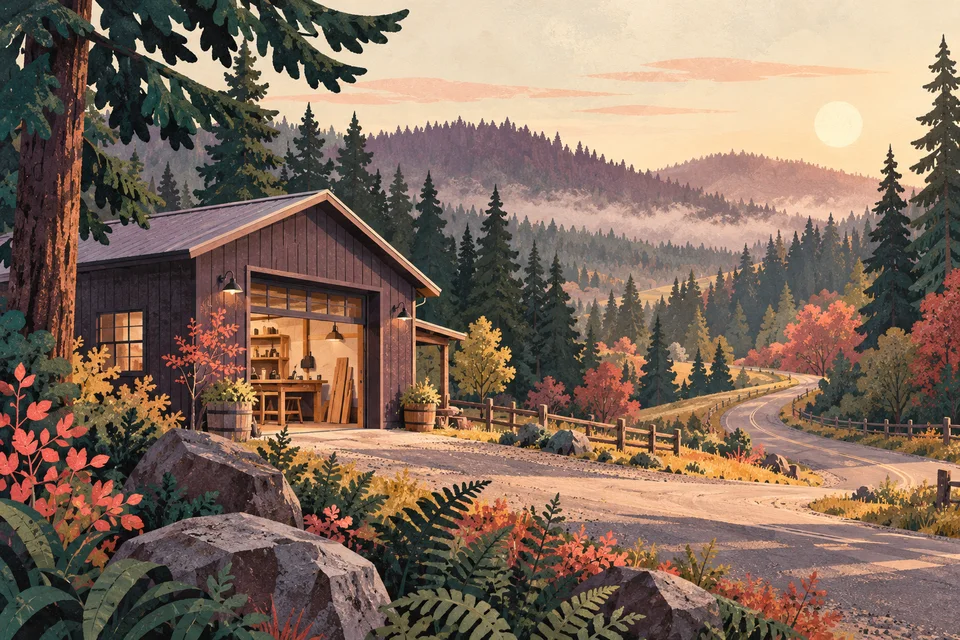 Concept illustration of an imagined workshop and winding road among evergreens