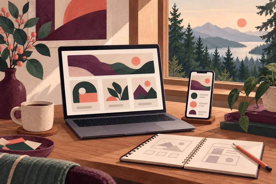 Concept illustration of service website layouts on a laptop and phone near a wooded view