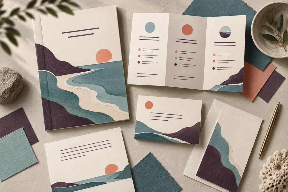 Concept illustration of a welcome booklet, service menu, introduction card, and paper swatches