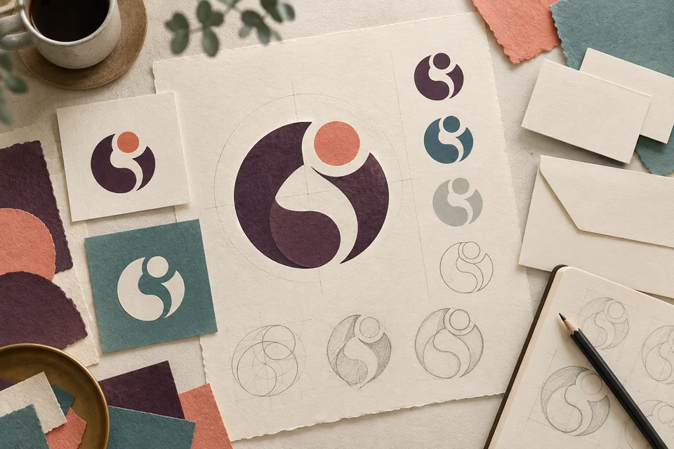 Concept illustration of curved geometric logo studies with stationery and pencil sketches