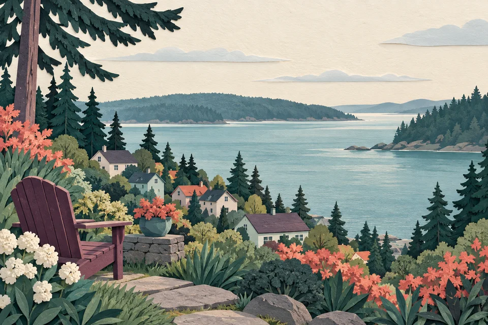 Concept illustration of a wooded waterfront village above a broad saltwater inlet