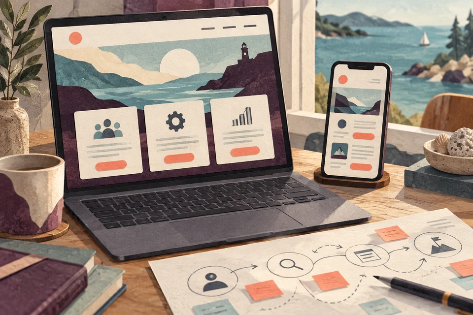 Concept illustration of service website layouts on a laptop and phone beside planning sketches