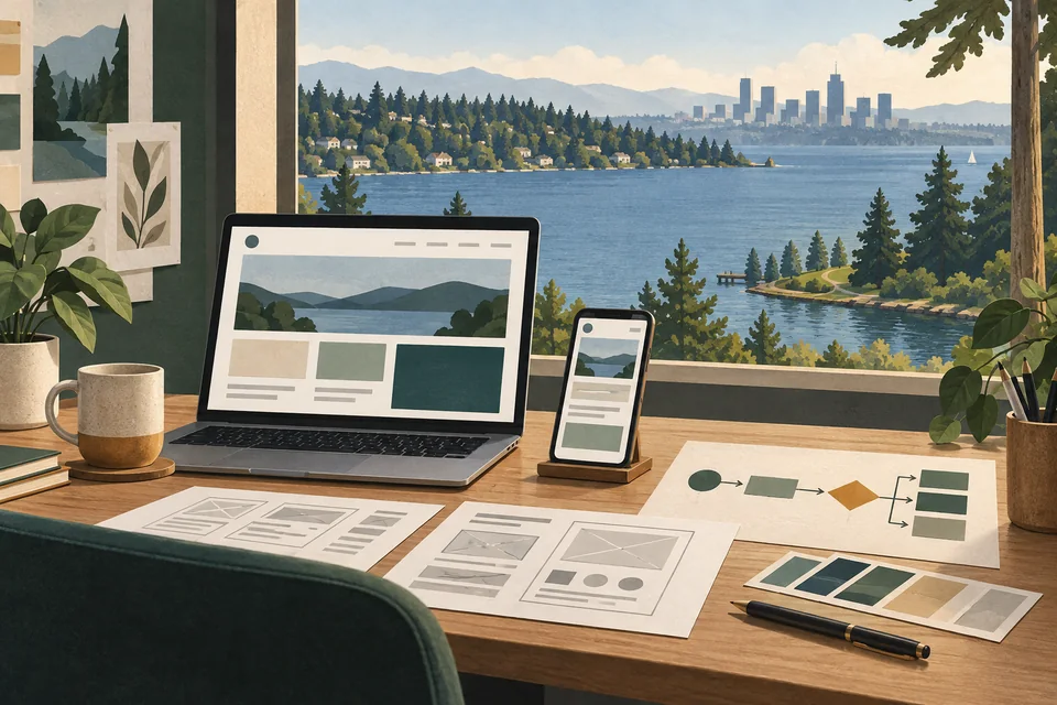 Conceptual responsive web design desk overlooking a Medina-inspired Lake Washington shoreline