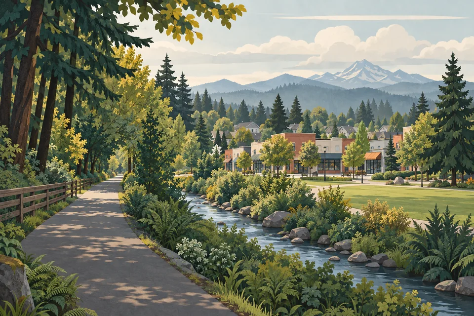 Conceptual Milton trail, creek green corridor, neighborhood businesses and Cascade foothills