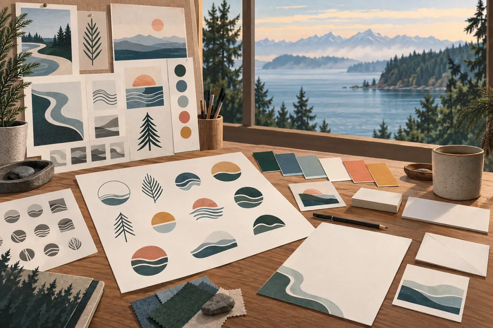 Conceptual identity sketches beside a Normandy Park-inspired Puget Sound shoreline and evergreen landscape