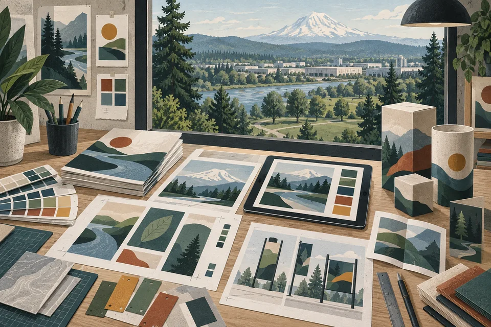 Conceptual graphic design materials overlooking a Pacific-inspired White River valley, neighborhood and regional business corridor