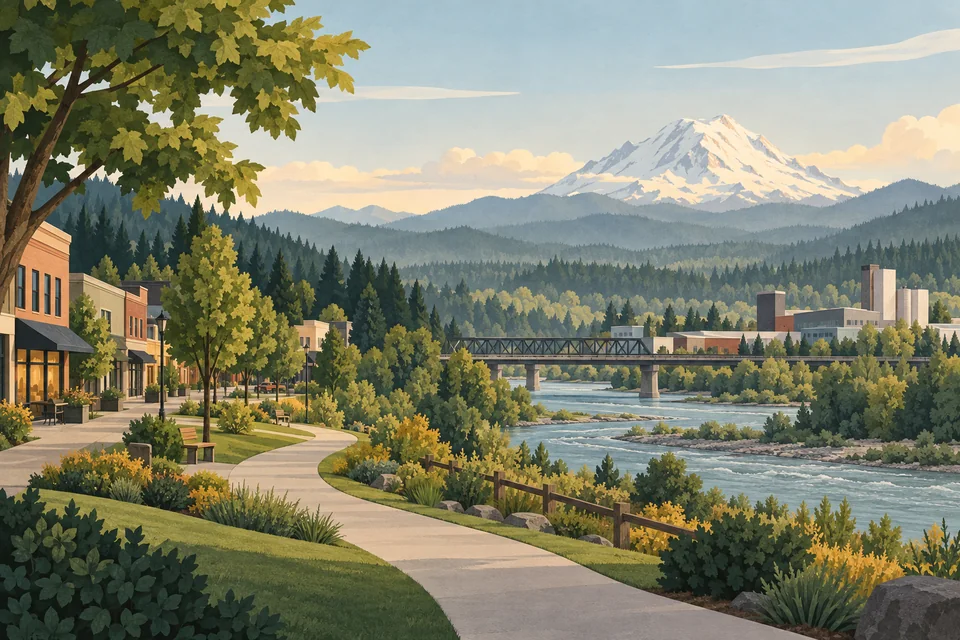Conceptual Pacific White River valley and regional business corridor, river valley, neighborhoods, business corridor and Mount Rainier