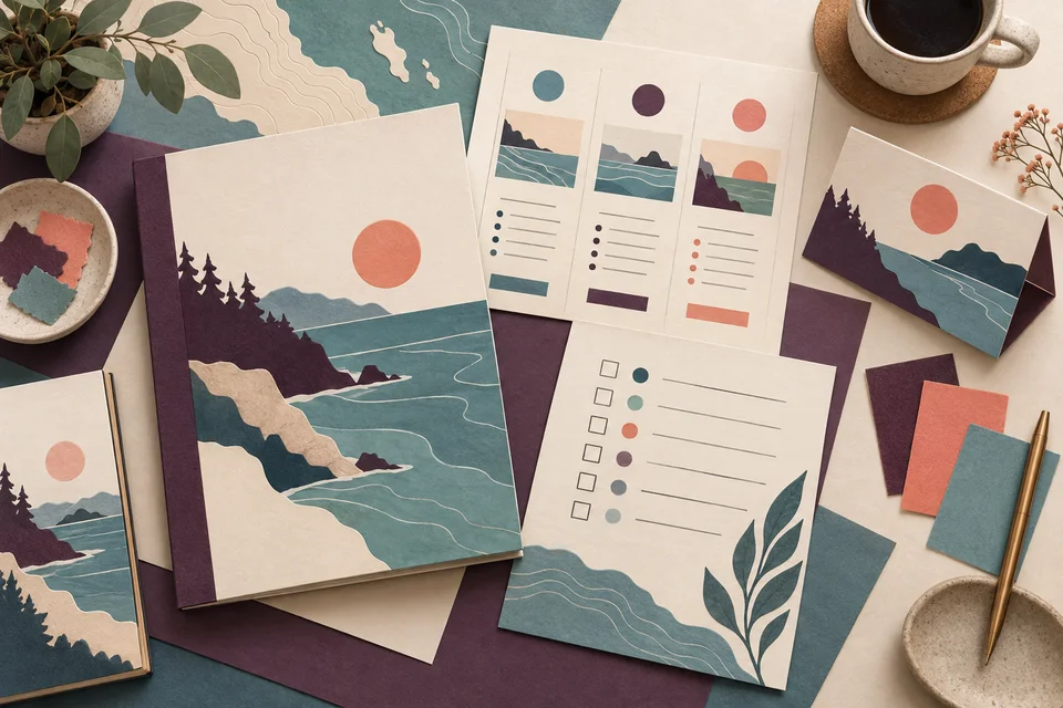 Concept illustration of a proposal booklet, options sheet, preparation checklist, and folded card