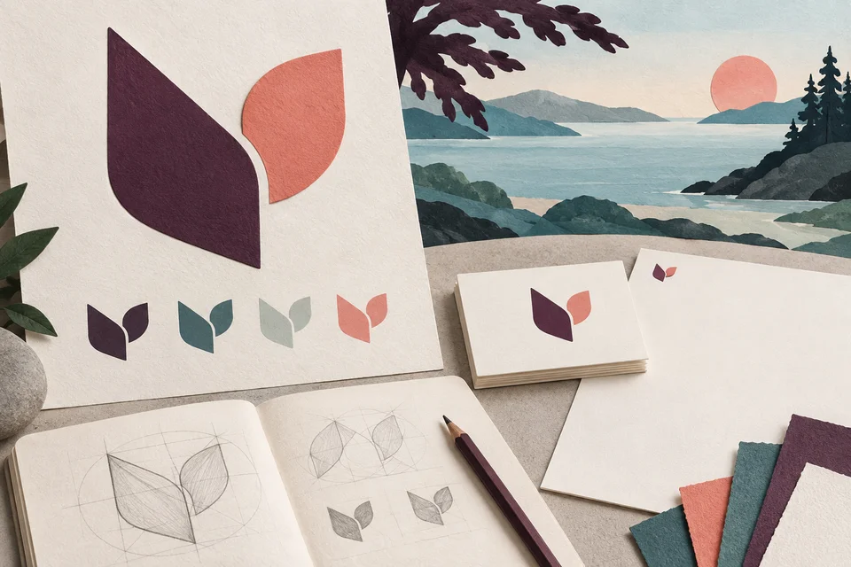 Concept illustration of paired geometric logo studies with compact and one-color variations