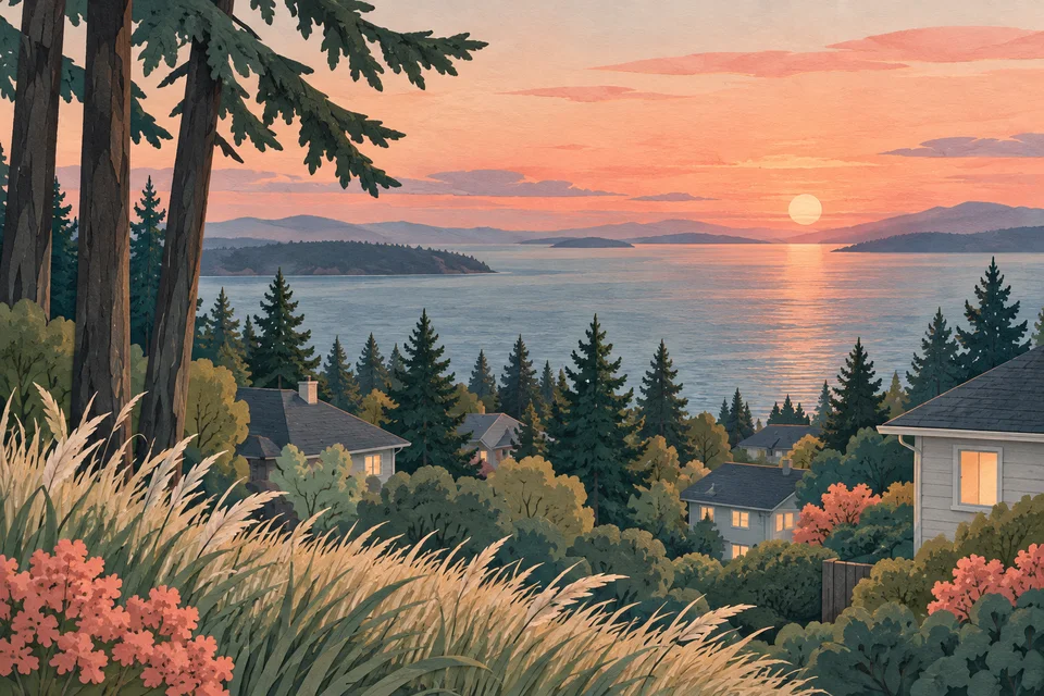 Concept illustration of a wooded coastal neighborhood above a broad blue-green sound