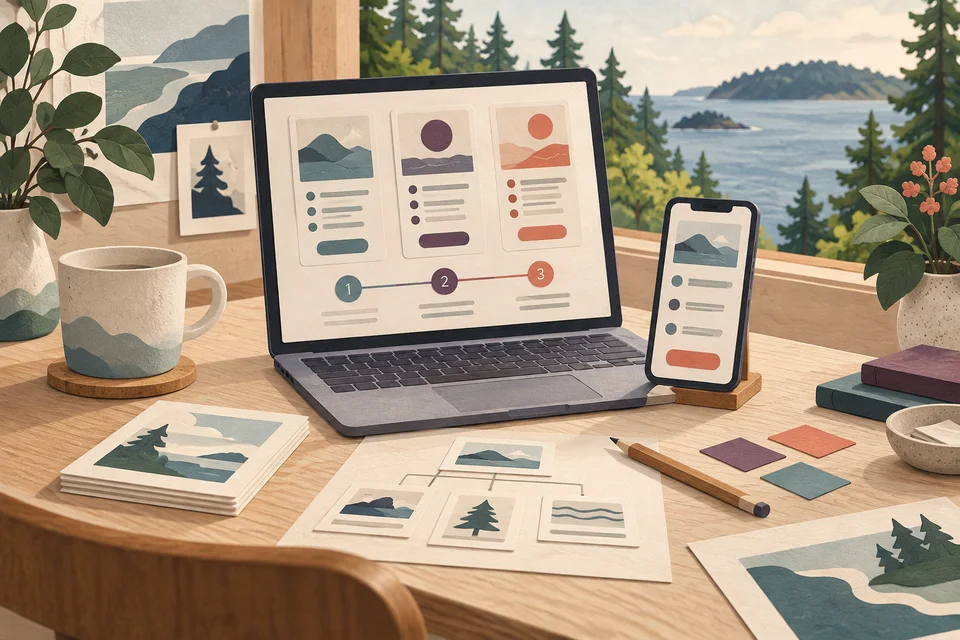 Concept illustration of service comparison layouts on a laptop and phone with project planning cards