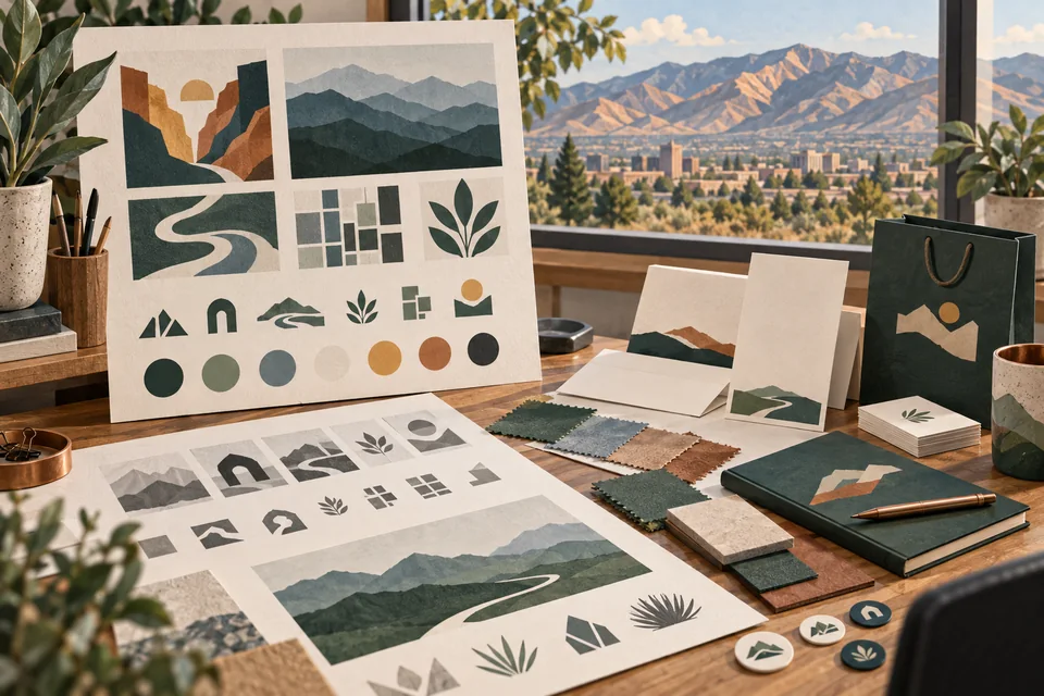 Conceptual identity sketches beside a Sandy-inspired city, trail and Wasatch landscape