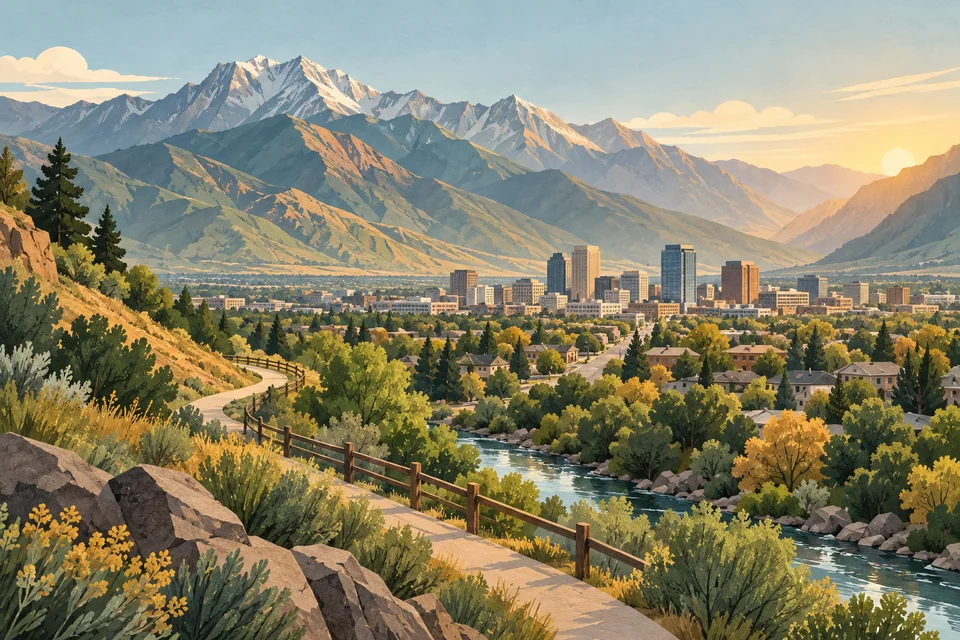 Conceptual Sandy city center, established neighborhoods, trail and Wasatch canyon landscape