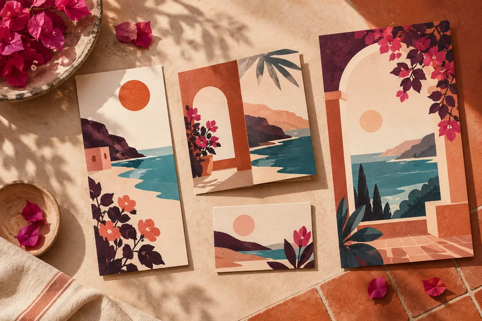 Concept illustration of coordinated printed guides, invitation cards, and a poster with coastal shapes