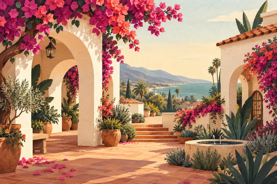 Concept illustration of an imagined stucco business courtyard with terracotta roofs and coastal hills