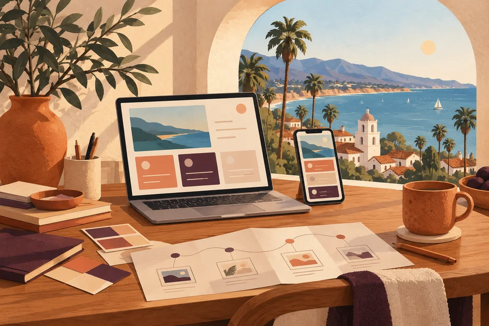 Concept illustration of website layouts on a laptop and phone beside an arched window