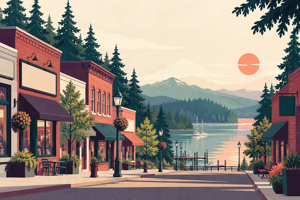 Concept illustration of brick storefronts, evergreen trees, and an imagined inlet town
