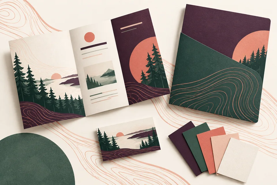 Concept illustration of coordinated brochures, a folder, and printed service cards