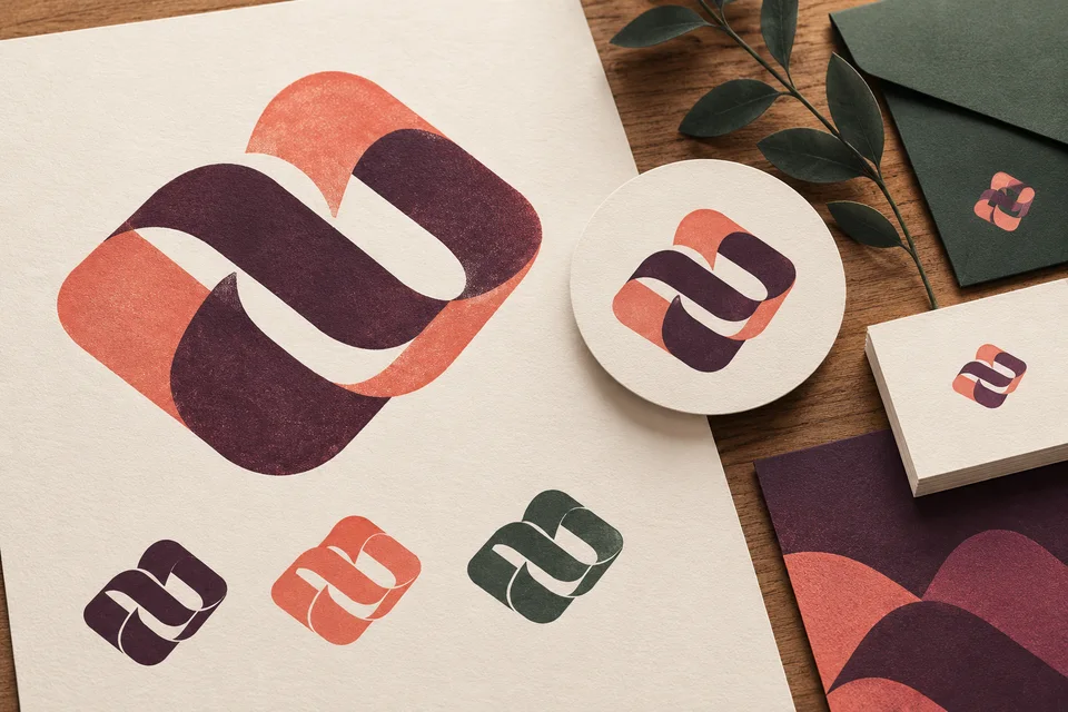 Concept illustration of an abstract ribbon logo study and coordinated identity applications