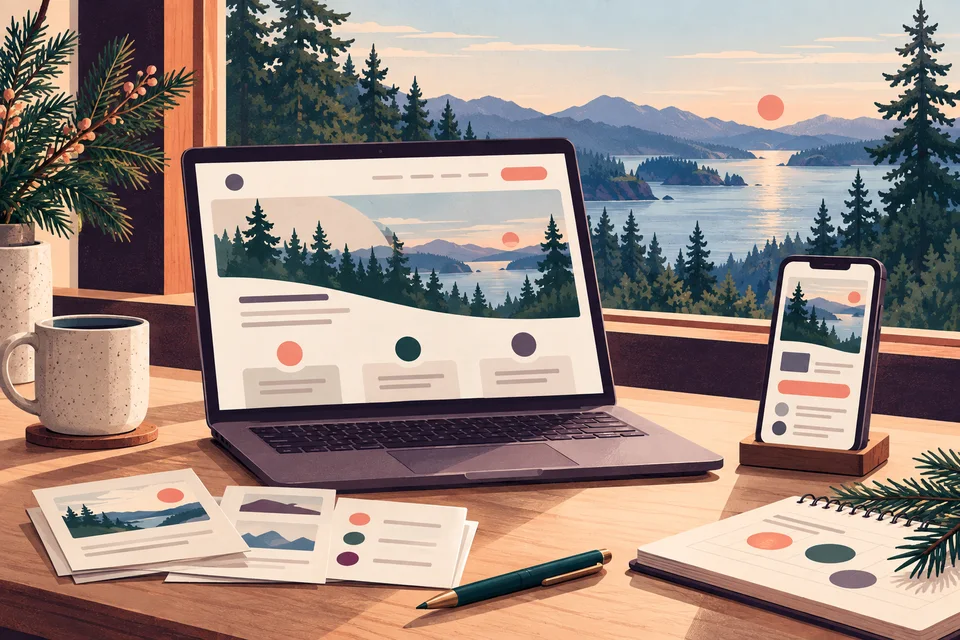Concept illustration of a laptop, phone, and website planning cards on a desk