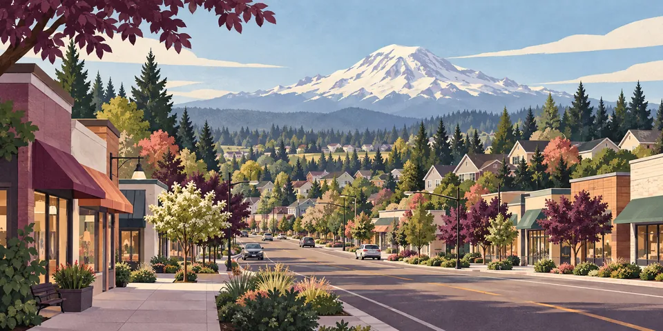 Conceptual South Hill neighborhood and business corridor with distant Mount Rainier