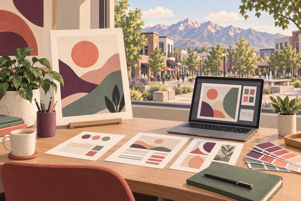 Conceptual graphic design materials overlooking a South Jordan neighborhood