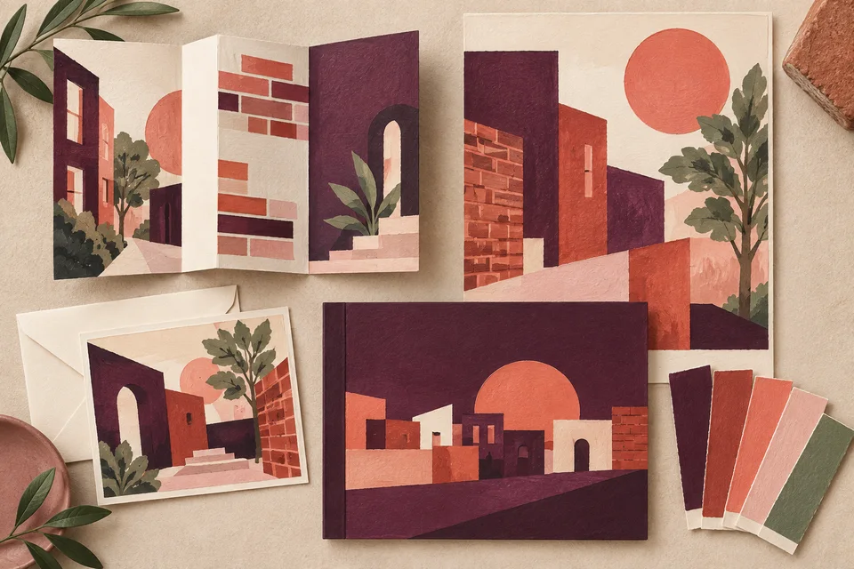 Concept illustration of coordinated brochures, cards and posters with brick-inspired geometric rhythms