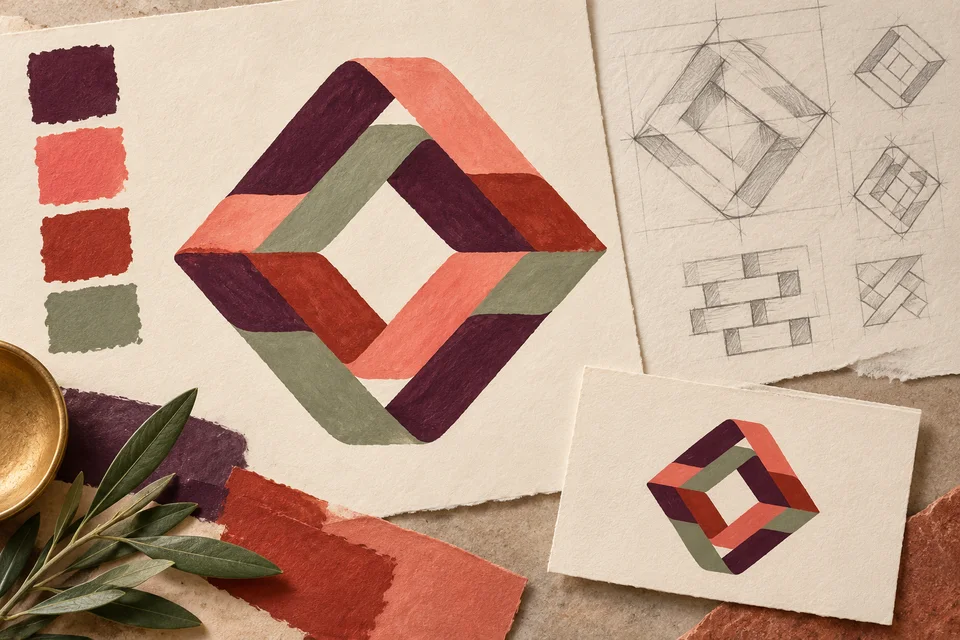 Concept illustration of interwoven-band identity studies with a single-color stamp and business card