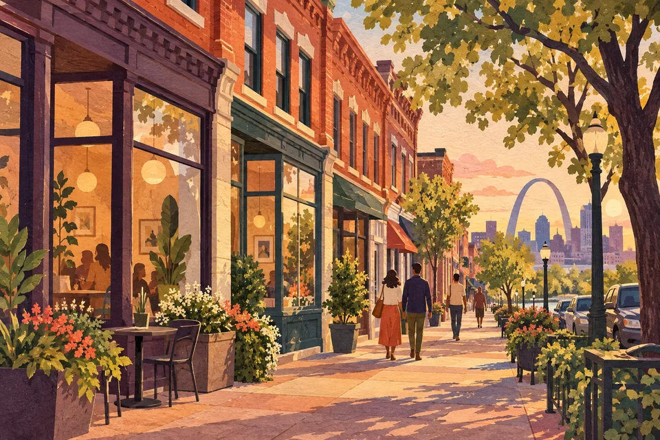 Concept illustration of an imagined red-brick neighborhood shopping street with leafy trees